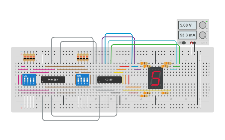 Circuit design 4-Bit Adder(74283+4511) - Tinkercad