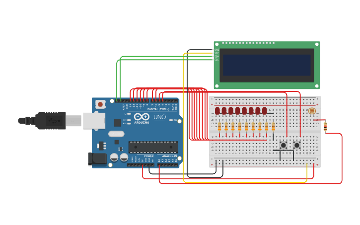 Layout Running Led Circuit design running led with pb and lcd - Tinkercad