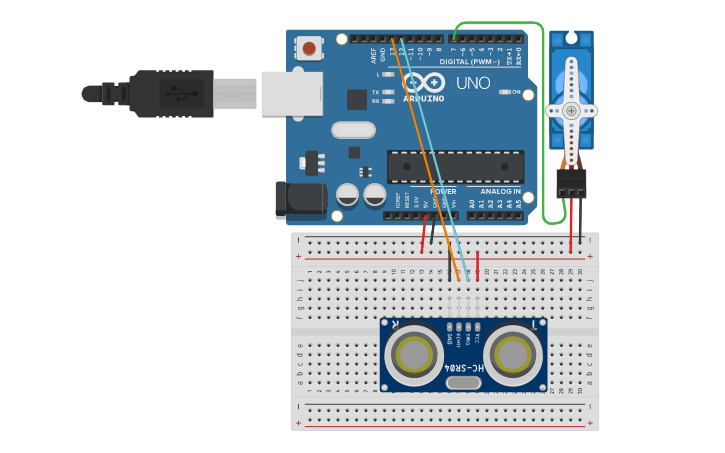 Circuit design Servo motor and ultrasonic - Tinkercad