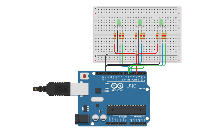 Single Led Layout Arduino Circuit design RGB Leds on a single arduino board - Tinkercad