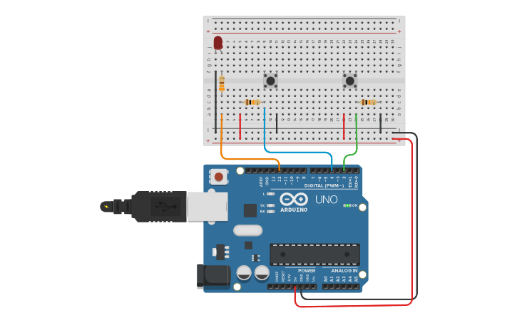 Circuit design Encender y Apagar un LED con Pull-Up y Pull-Down - Tinkercad