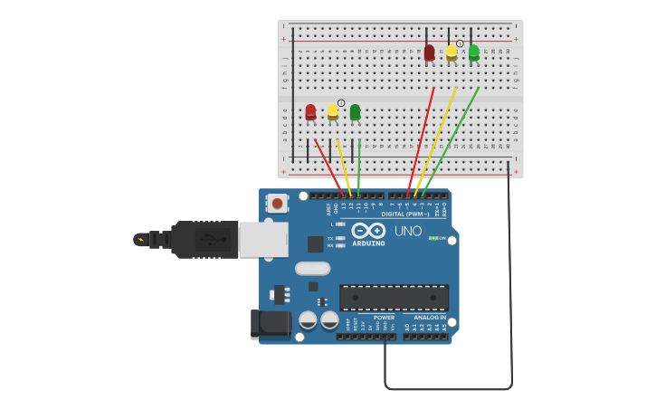 Circuit design 2 Way Traffic LED - Tinkercad