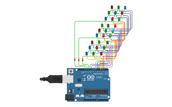 Circuit design 3x3x3 Simulacion de un cubo de luces LEDS - Tinkercad