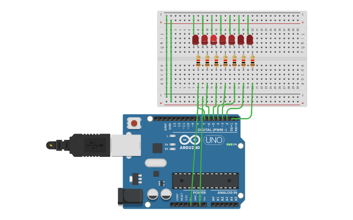 Circuit design 7 leds - Tinkercad