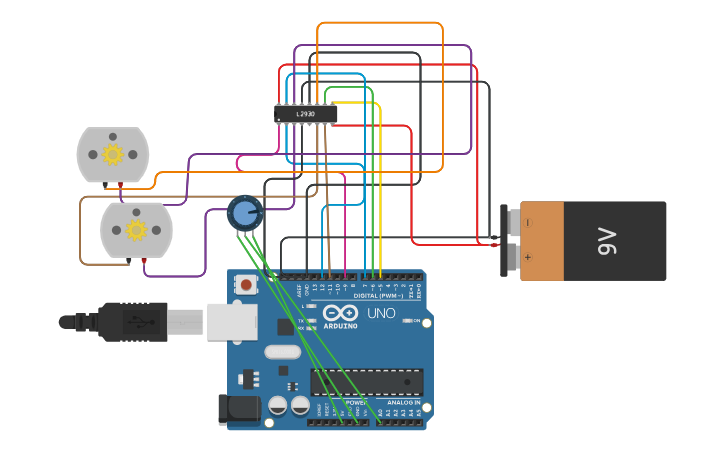 Circuit design 2 motor control with h-bridge motor driver - Tinkercad