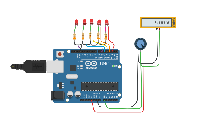 Circuit design bargraph de 5 LED’s - Tinkercad