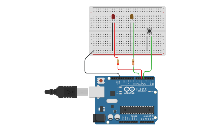 Circuit design Toggle 2 LED’s using a Push button switch - Tinkercad