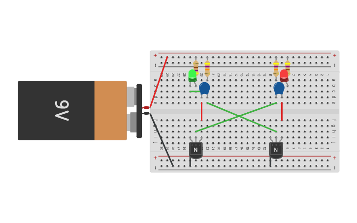 Circuit design Transistor 2 LED Switching - Tinkercad