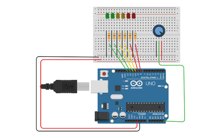 Circuit design Encendido de leds con potenciómetro - Tinkercad