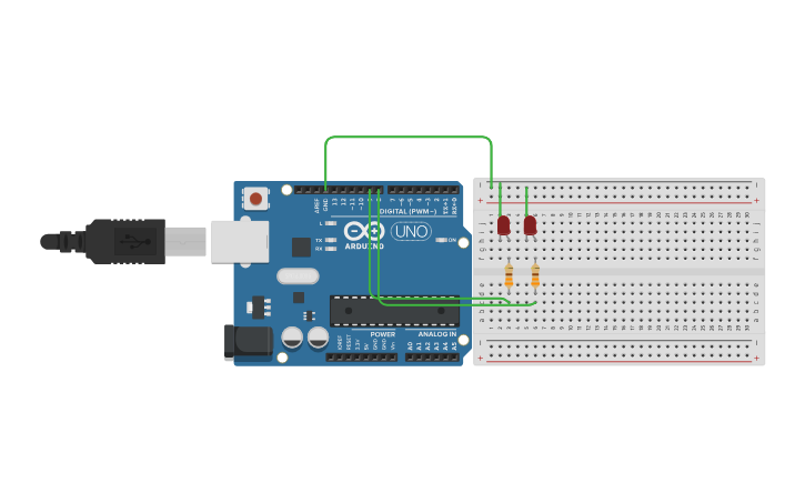 Circuit design EJERCICIO 3 CON 2 LEDS - Tinkercad