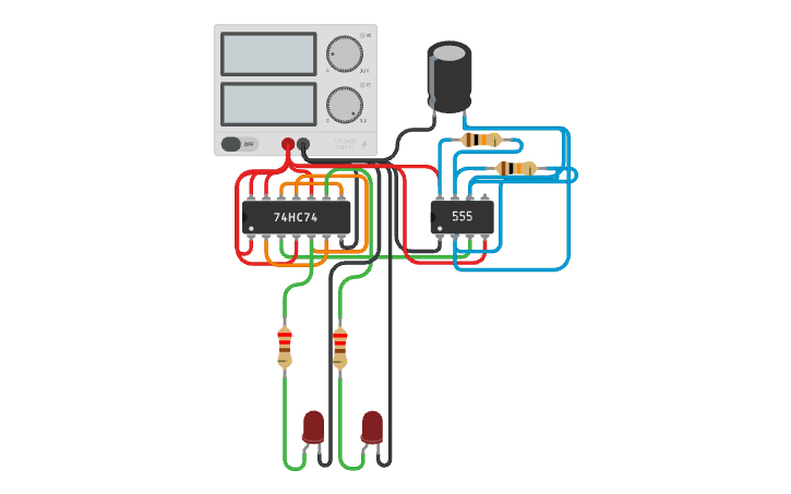 Circuit design D Flip-Flop 2-Bit Ripple Counter - Free wired - Tinkercad