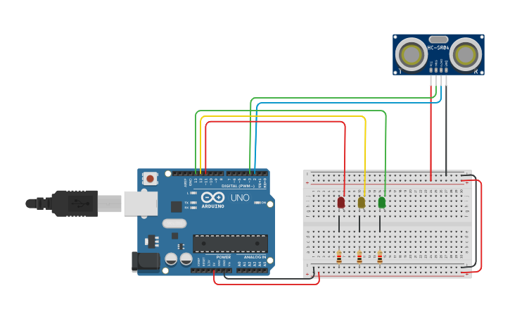Circuit design Distance Sensor + LED - Tinkercad