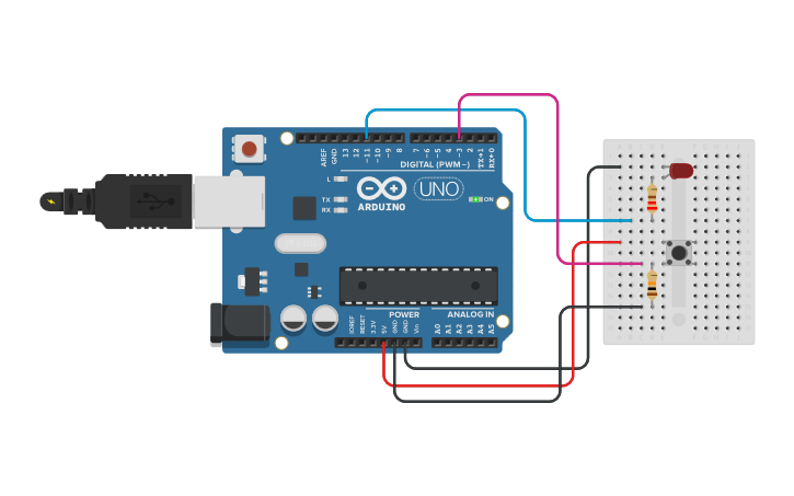Circuit design Push Button with LED - Tinkercad