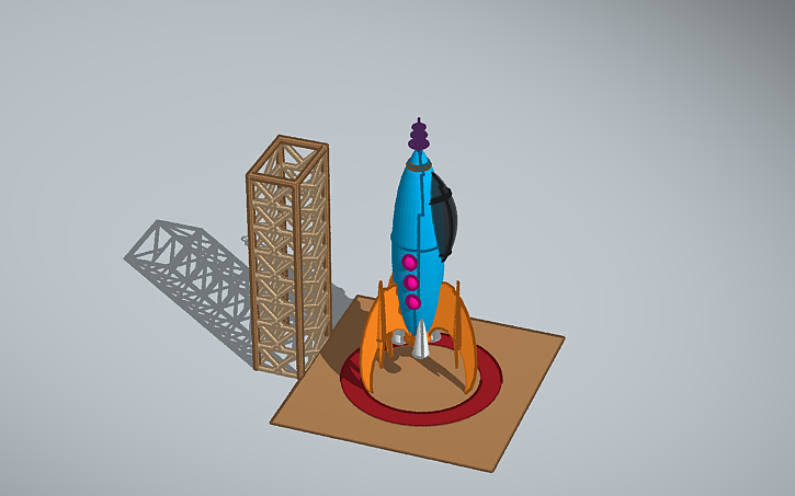 3D design Spaceship Launchpad w/vintage rocket - Tinkercad