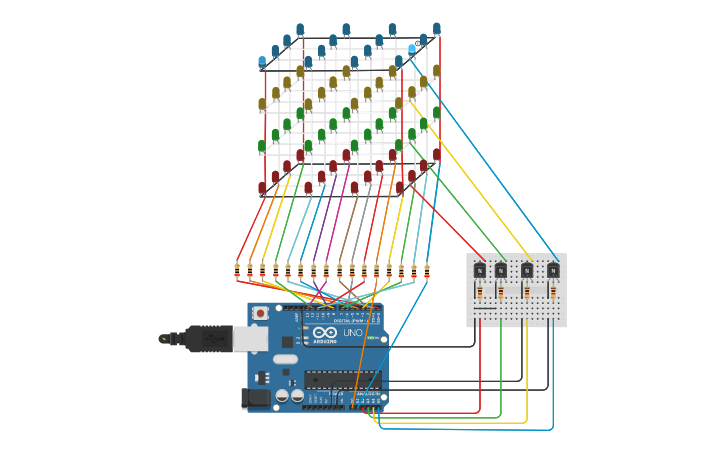 Circuit design Cubo de Leds 4x4x4 - cara frontal - Tinkercad