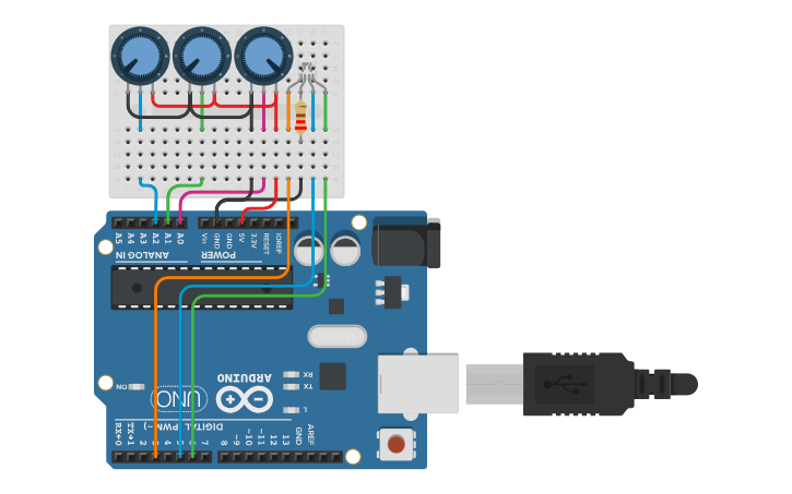 Circuit design Changing RGB LED colors via pot [block code] - Tinkercad