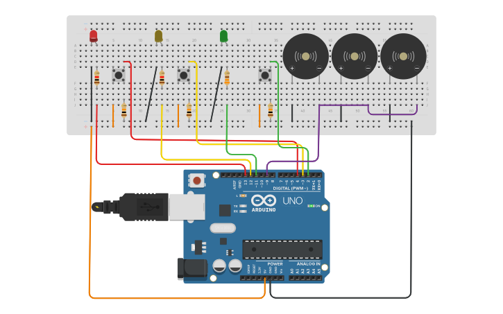 Circuit design Push button + LED + Buzzer - Tinkercad