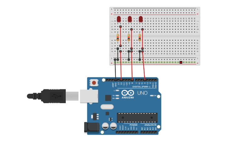 Circuit design 3 leds - Tinkercad