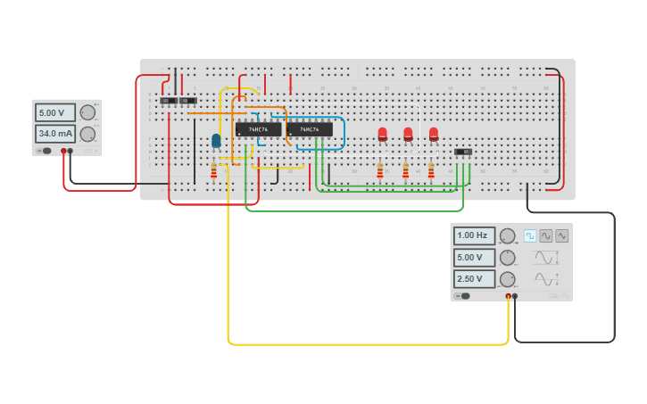 Circuit design 3 bit johnson/ring counter using mod control - Tinkercad
