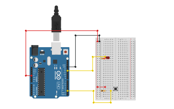 Circuit design LED via button explained - Tinkercad