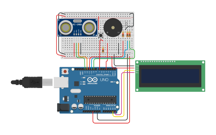 Circuit design Distance Alert Buzzer System - Tinkercad
