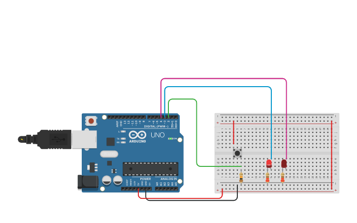 Circuit design Prender y Apagar led con un solo boton - Tinkercad