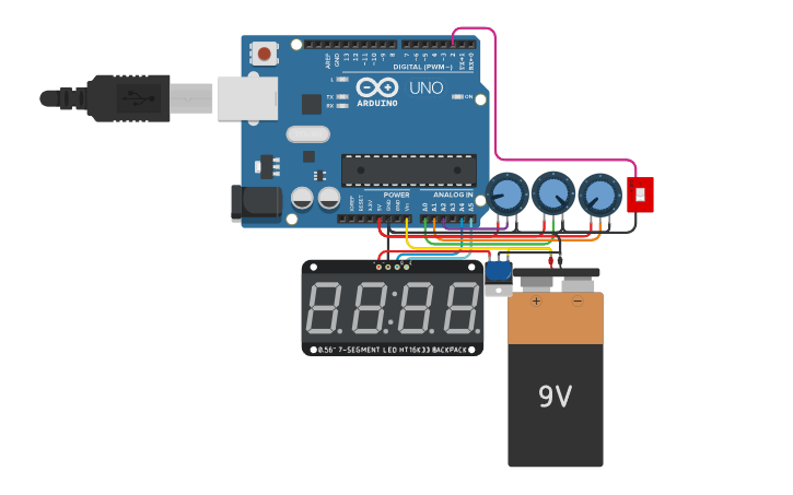 Circuit design 7 Segment LED all Functions HT16K33 - Tinkercad