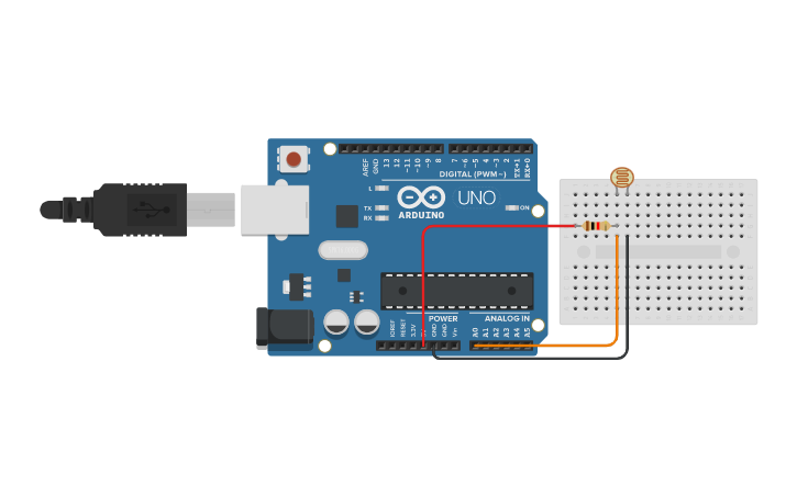 Circuit design Light sensor LDR: analog read - Tinkercad