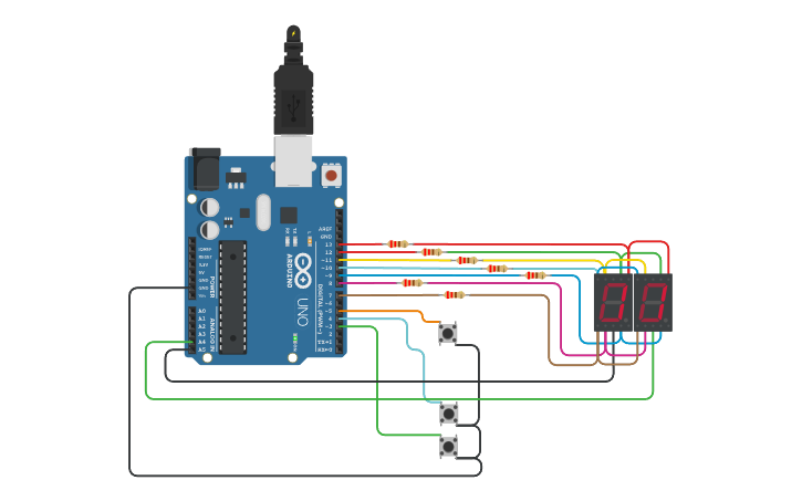 Circuit design Display Doble con 3 Pulsadores - Tinkercad