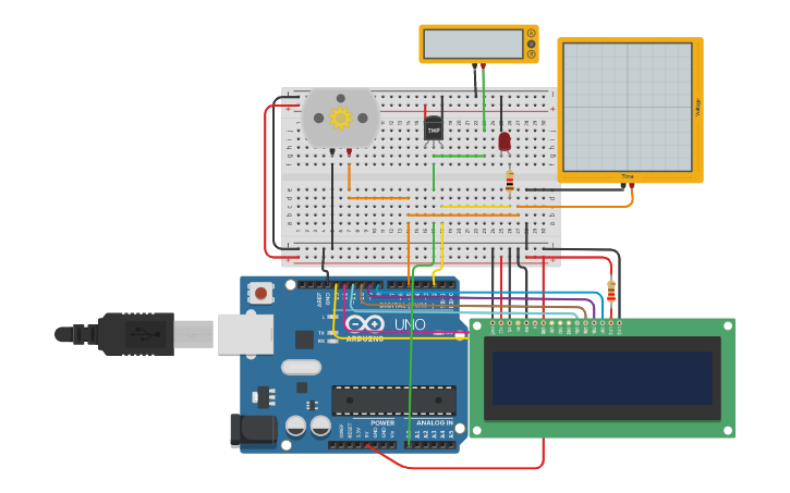 Circuit design Sensor de Temperatura LCD - MOTOR DC - Tinkercad