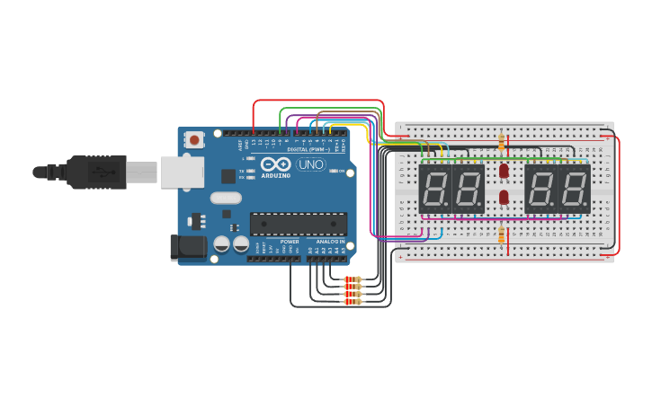 Arduino 7 Segment Led Clock Code Circuit design Working clock - 7 segment display+arduino uno - Tinkercad