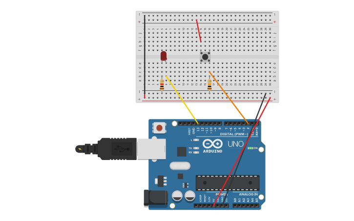Circuit design Push button LED Light - Tinkercad