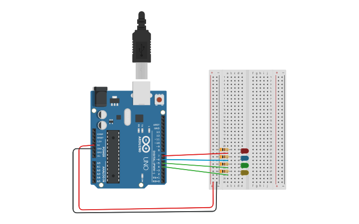Circuit design Arduino 4 LEDs - Tinkercad