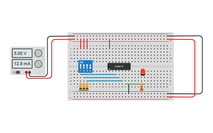 Circuit design AND 7411- Pull Down - Tinkercad