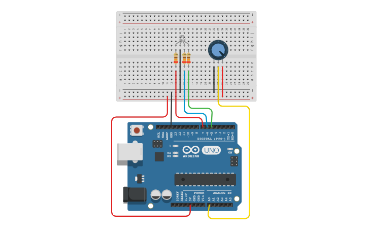 Circuit design Encendido de un led RGB con potenciometro - Tinkercad