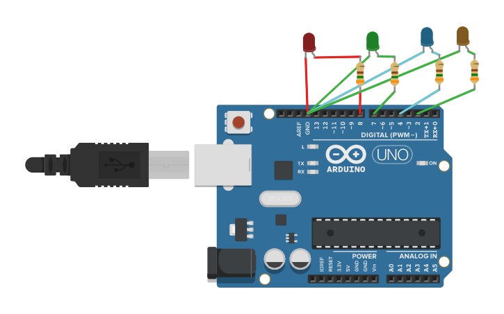 Circuit design 4 LED in a order - Tinkercad
