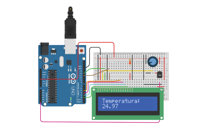 Circuit design LM35 con display LCD 16x2 - Tinkercad