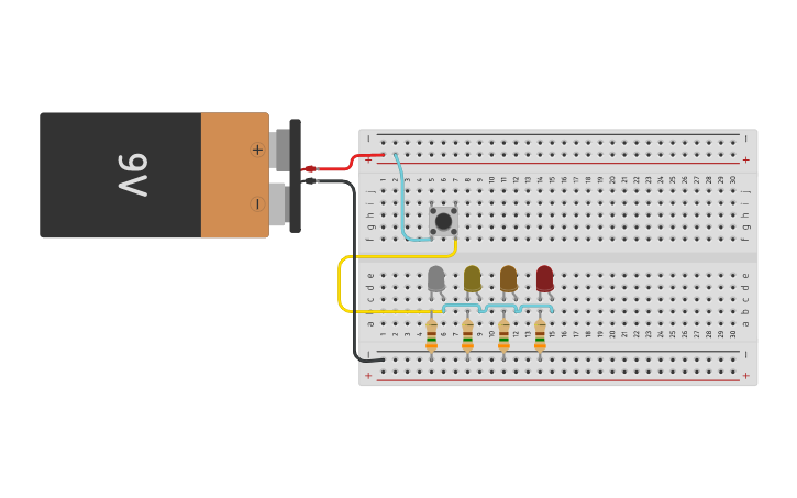 Circuit design 4 LEDS que se enciendan con 1 pulsador - Tinkercad