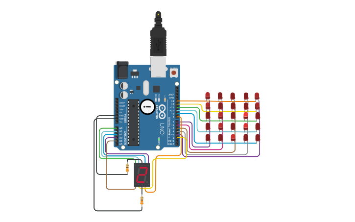 Circuit design Copy of 5x5 Matrix with 7 Segment With Switch - Tinkercad