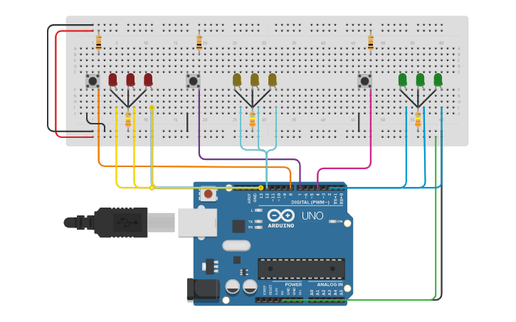 Circuit design encender 3 leds con 1 botón - Tinkercad