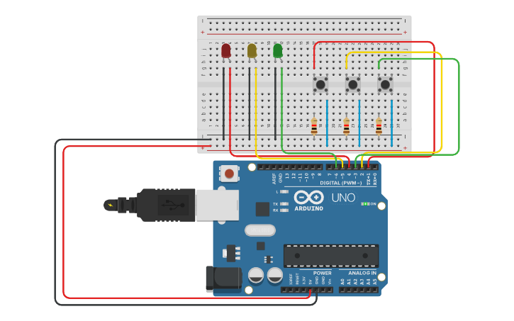 Circuit design Botones y LEDs - Tinkercad