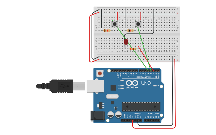 Circuit design encender y apagar un led con dos pulsadores - Tinkercad