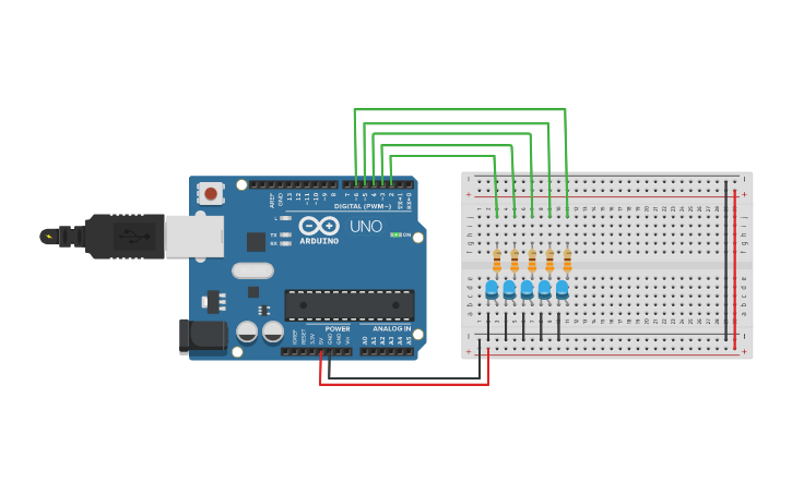 Circuit design Blink 5 led simultaneously - Tinkercad