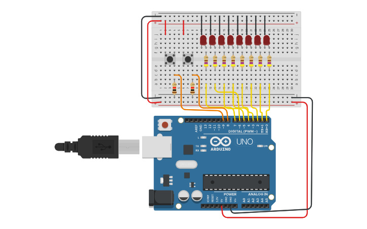 Circuit design MCIN Ex 3.2 - Blinking LEDs with control - Tinkercad