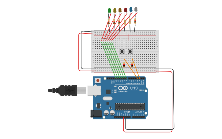 Circuit design led with 2 push button - Tinkercad
