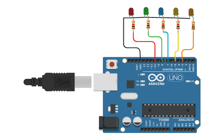 Circuit design 5 LEDs F/R running light pattern - Tinkercad