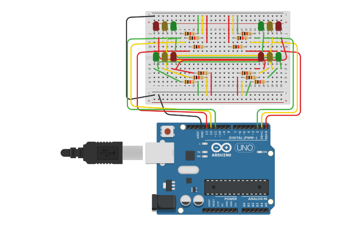 Circuit design 4-Way Traffic Light System - Tinkercad