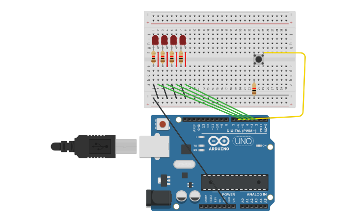 Circuit design Arduino 4Bit Led Counter - Tinkercad