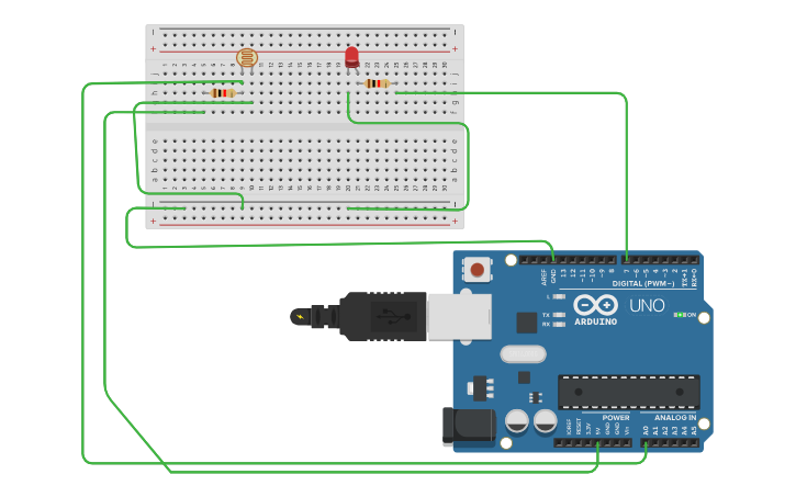 Circuit design AUTOMATIC NIGHT LAMP ON/OFF USING LDR SENSOR - Tinkercad