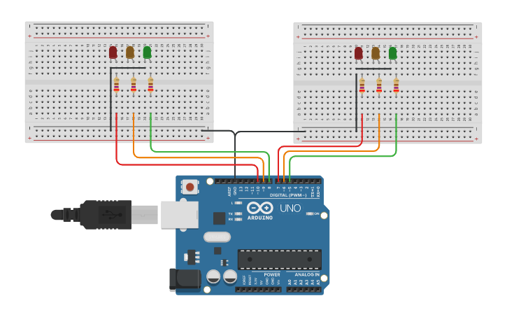 Circuit design Two Way Traffic Light with command - Tinkercad